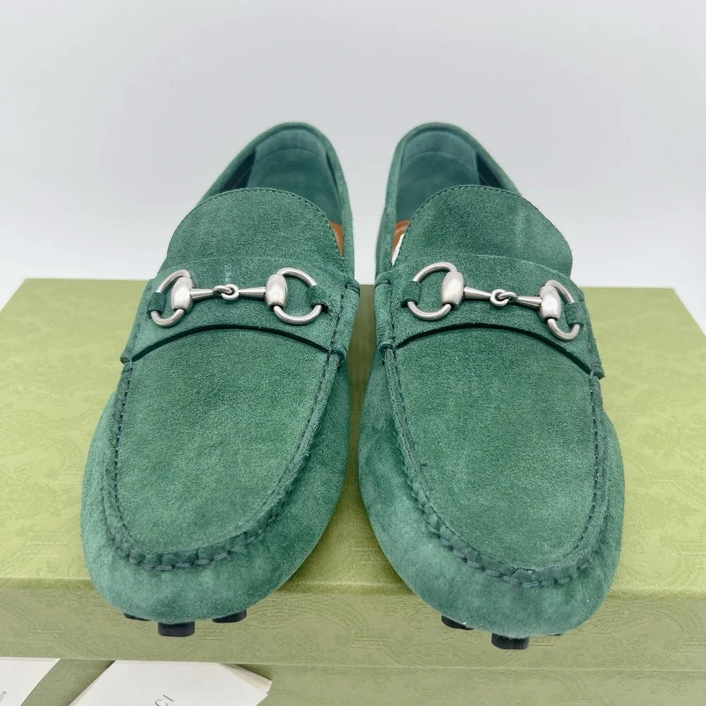Gucci Men's Driver Loafers Moccasin GG Horsebit Vintage Green Suede UK 8 US 8.5
